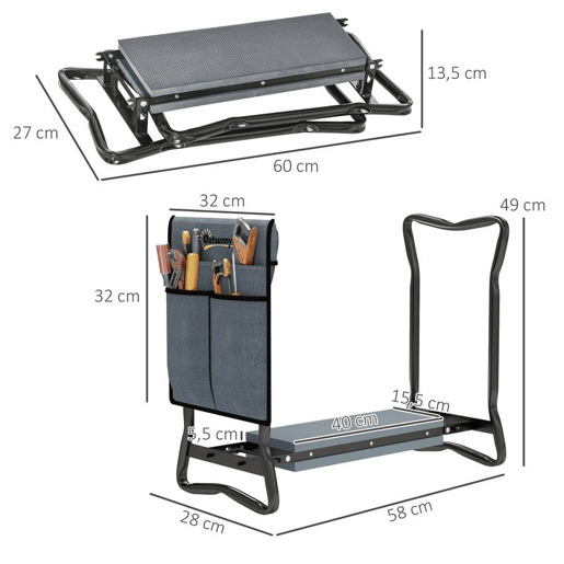 Outsunny Banco de Jardim Dobrável com Almofada de Espuma EVA Assento de Jardim 2 em 1 com Saco para Ferramentas Portátil Suporta 150kg para Jardinagem 58x28x49 cm Cinzento