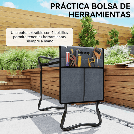 Outsunny Banco de Jardim Dobrável com Almofada de Espuma EVA Assento de Jardim 2 em 1 com Saco para Ferramentas Portátil Suporta 150kg para Jardinagem 58x28x49 cm Cinzento