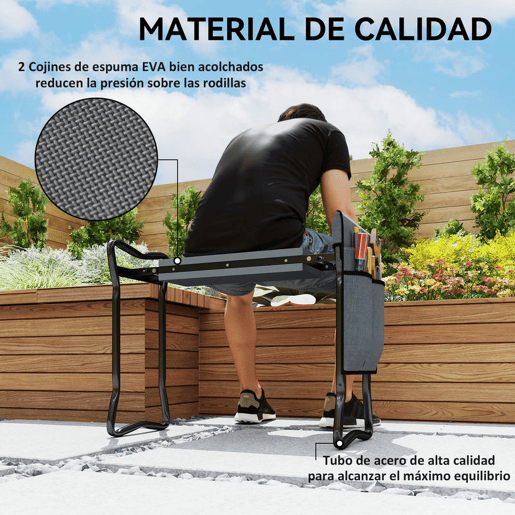 Outsunny Banco de Jardim Dobrável com Almofada de Espuma EVA Assento de Jardim 2 em 1 com Saco para Ferramentas Portátil Suporta 150kg para Jardinagem 58x28x49 cm Cinzento