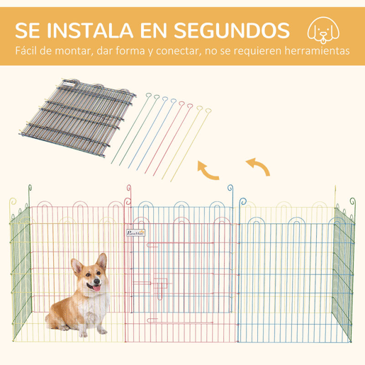 PawHut Parque Dobrável para Cães, 8 Painéis Ø156x60 cm Cercado Metálico para Cães e Coelhos Design Personalizável com Porta e Estacas Interior e Exterior Multicolor
