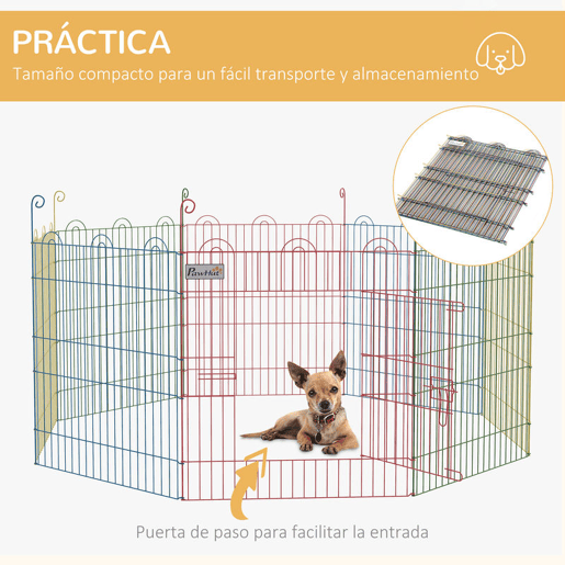 PawHut Parque Dobrável para Cães, 8 Painéis Ø156x60 cm Cercado Metálico para Cães e Coelhos Design Personalizável com Porta e Estacas Interior e Exterior Multicolor