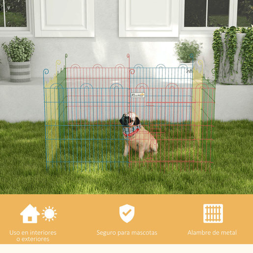 PawHut Parque Dobrável para Cães, 8 Painéis Ø156x60 cm Cercado Metálico para Cães e Coelhos Design Personalizável com Porta e Estacas Interior e Exterior Multicolor