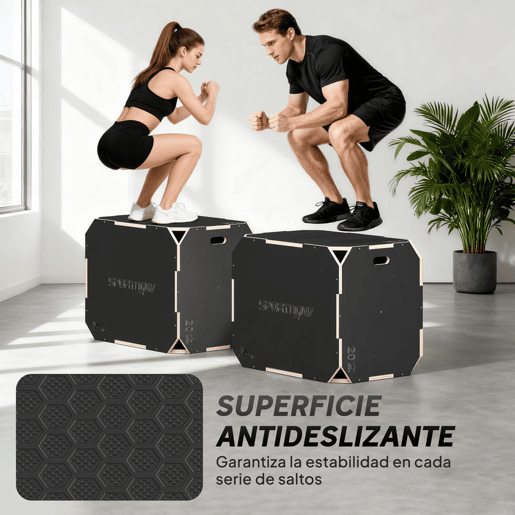 SPORTNOW Caixa Pliométrica de Madeira 3 em 1 Plataforma de Caixa Pliométrica com 3 Alturas Diferentes Alças Sem Cantos Treino de Salto Força em Casa Ginásio e Exterior 76x61x51 cm Preto