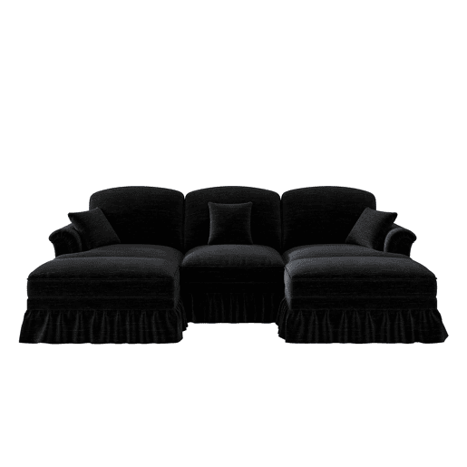 Sofá de 3 lugares - Chenille, braços cónicos, saia removível, pernas torneadas - Preto