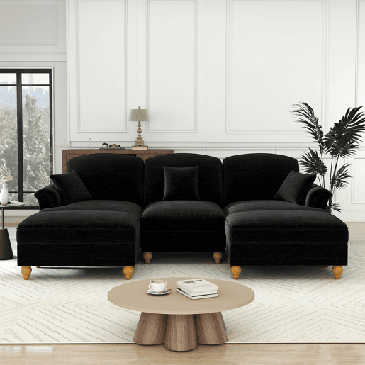 Sofá de 3 lugares - Chenille, braços cónicos, saia removível, pernas torneadas - Preto