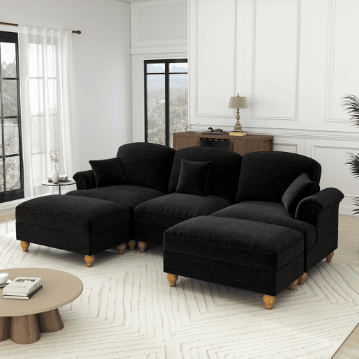 Sofá de 3 lugares - Chenille, braços cónicos, saia removível, pernas torneadas - Preto