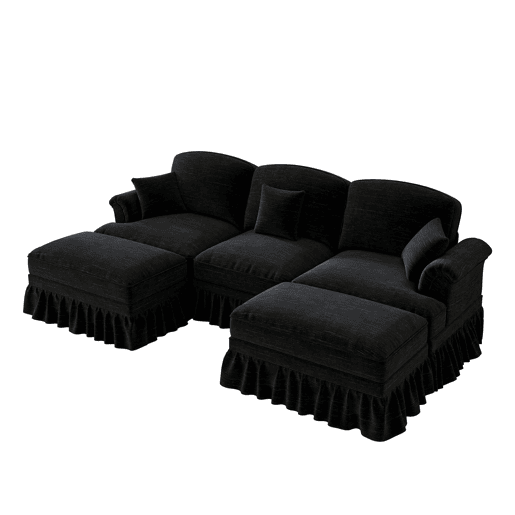 Sofá de 3 lugares - Chenille, braços cónicos, saia removível, pernas torneadas - Preto