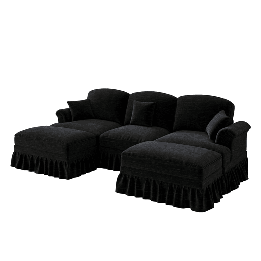 Sofá de 3 lugares - Chenille, braços cónicos, saia removível, pernas torneadas - Preto