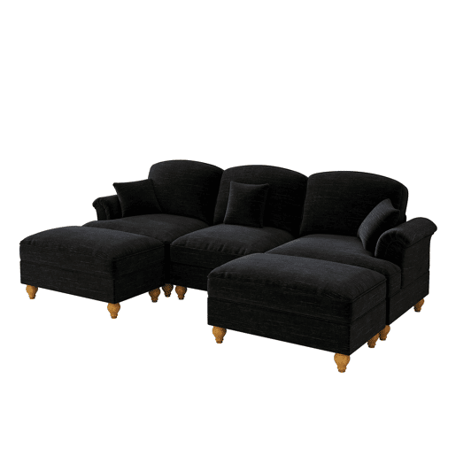 Sofá de 3 lugares - Chenille, braços cónicos, saia removível, pernas torneadas - Preto