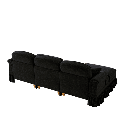 Sofá de 3 lugares - Chenille, braços cónicos, saia removível, pernas torneadas - Preto