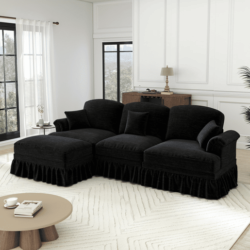Sofá modular L 3 lugares - estilo Mid-Century, chenille, braços cónicos, otomana móvel - Preto