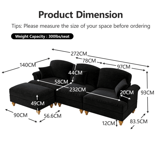 Sofá modular L 3 lugares - estilo Mid-Century, chenille, braços cónicos, otomana móvel - Preto