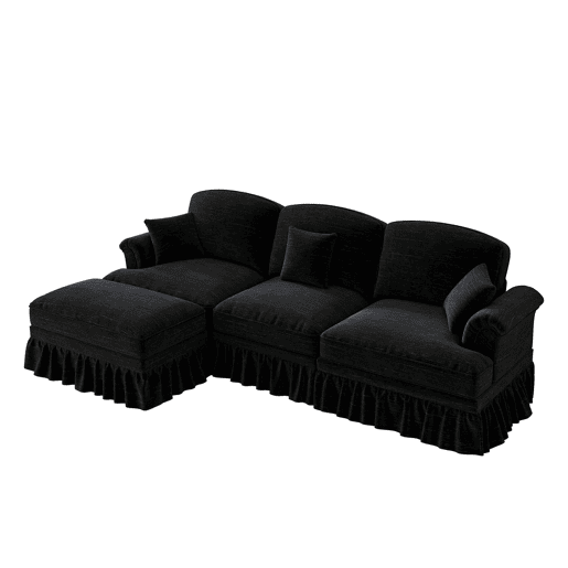 Sofá modular L 3 lugares - estilo Mid-Century, chenille, braços cónicos, otomana móvel - Preto
