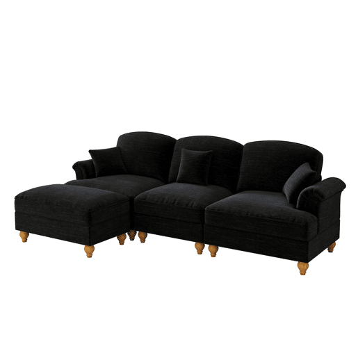 Sofá modular L 3 lugares - estilo Mid-Century, chenille, braços cónicos, otomana móvel - Preto