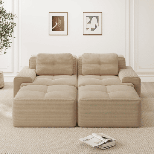 Sofá modular de 2 lugares - Boneless, veludo cotelê, com otomano, assento profundo - Bege
