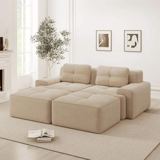 Sofá modular de 2 lugares - Boneless, veludo cotelê, com otomano, assento profundo - Bege