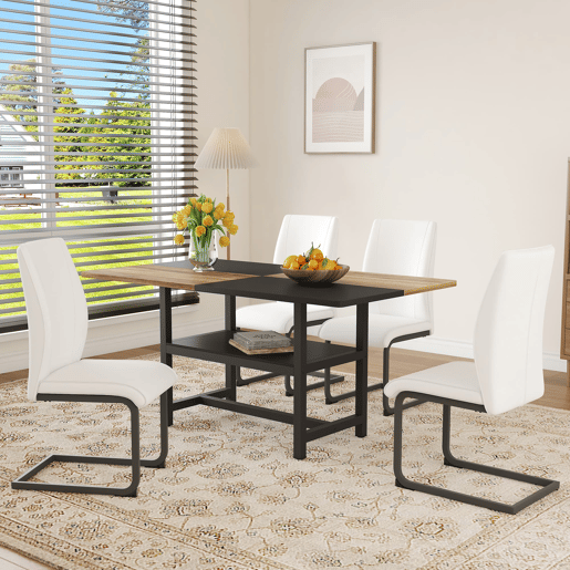 Conjunto mesa retangular 160x90x76 cm - Estante multifuncional + 4 cadeiras brancas de couro sintético - Branco, Madeira