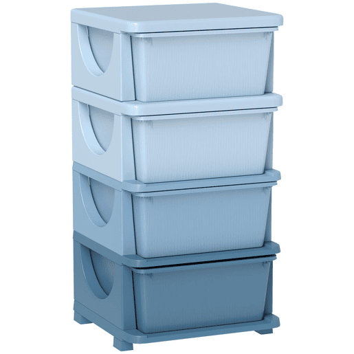 HOMCOM Organizador de Brinquedos com 4 Gavetas Torre de Arrumação para Crianças +3 Anos Cantos Arredondados e Pegas para Creche Sala de Brincar Quarto 37x37x76 cm Azul