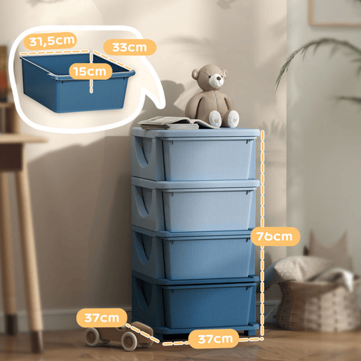 HOMCOM Organizador de Brinquedos com 4 Gavetas Torre de Arrumação para Crianças +3 Anos Cantos Arredondados e Pegas para Creche Sala de Brincar Quarto 37x37x76 cm Azul