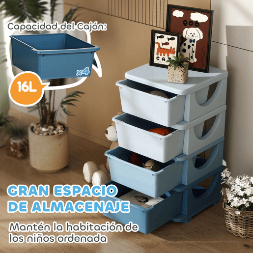 HOMCOM Organizador de Brinquedos com 4 Gavetas Torre de Arrumação para Crianças +3 Anos Cantos Arredondados e Pegas para Creche Sala de Brincar Quarto 37x37x76 cm Azul