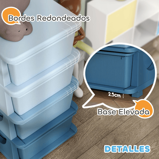 HOMCOM Organizador de Brinquedos com 4 Gavetas Torre de Arrumação para Crianças +3 Anos Cantos Arredondados e Pegas para Creche Sala de Brincar Quarto 37x37x76 cm Azul