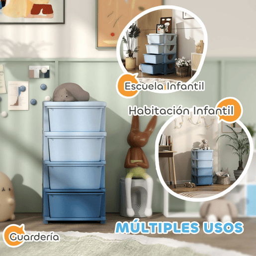 HOMCOM Organizador de Brinquedos com 4 Gavetas Torre de Arrumação para Crianças +3 Anos Cantos Arredondados e Pegas para Creche Sala de Brincar Quarto 37x37x76 cm Azul
