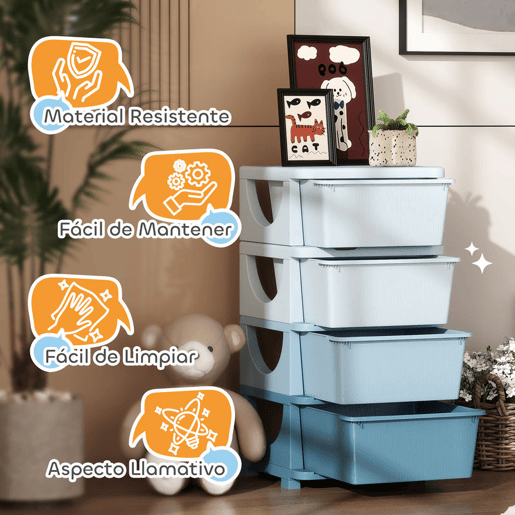 HOMCOM Organizador de Brinquedos com 4 Gavetas Torre de Arrumação para Crianças +3 Anos Cantos Arredondados e Pegas para Creche Sala de Brincar Quarto 37x37x76 cm Azul