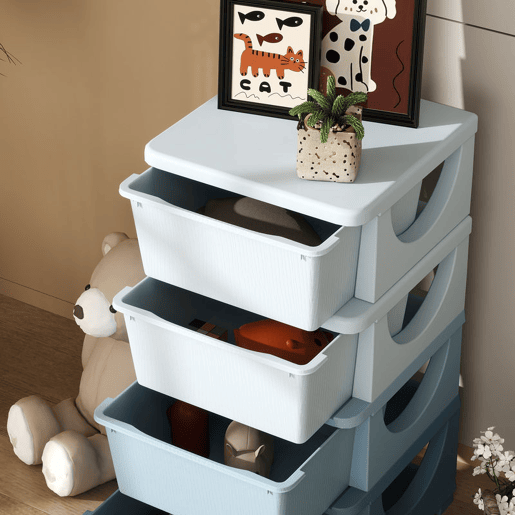 HOMCOM Organizador de Brinquedos com 4 Gavetas Torre de Arrumação para Crianças +3 Anos Cantos Arredondados e Pegas para Creche Sala de Brincar Quarto 37x37x76 cm Azul