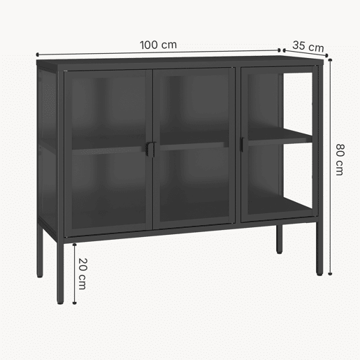 Aparador de vitrinas Borshavisa 3 portas vidro transparente 80x100x35 cm preto en.casa