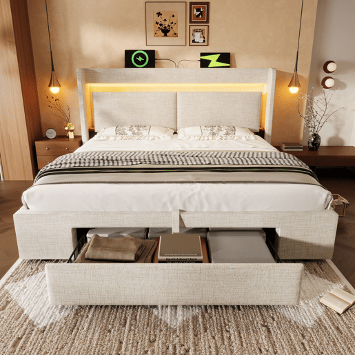 Cama de casal de linho 160x200 cm com armazenamento e luz led,bege