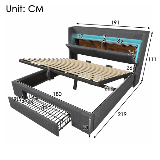 Cama de casal de linho 180x200 cm com armazenamento e luz led,cinza
