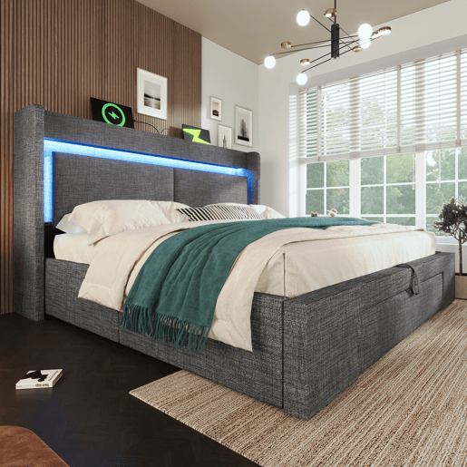 Cama de casal de linho 180x200 cm com armazenamento e luz led,cinza