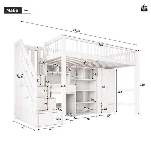 Cama alta,cama de criança,cama de solteiro de madeira maciça 90x200 cm,branco
