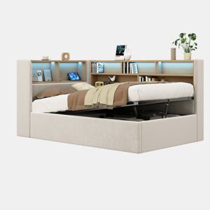 Cama de solteiro de veludo 90x200 cm com armazenamento e luz led,bege