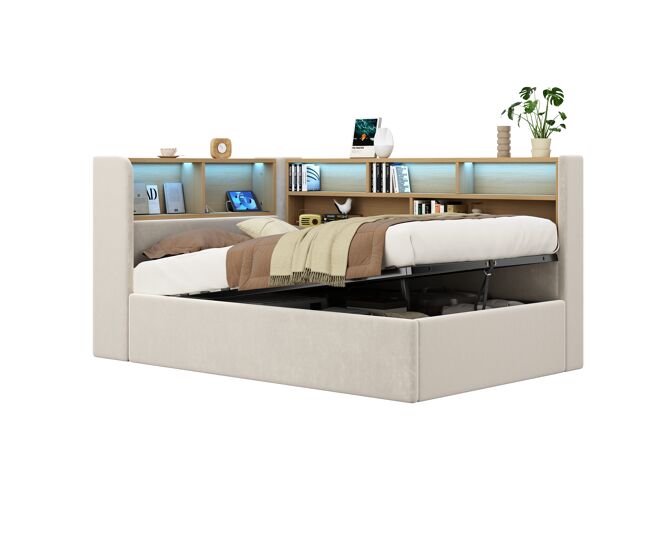 Cama individual de terciopelo 90x200 cm con almacenaje y luz led,beige