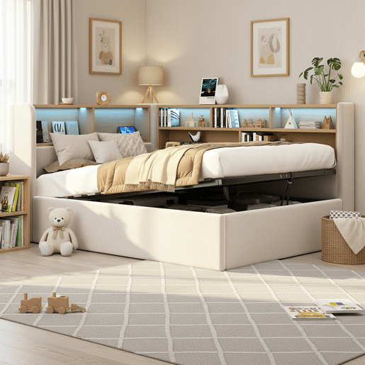 Cama de solteiro de veludo 90x200 cm com armazenamento e luz led,bege