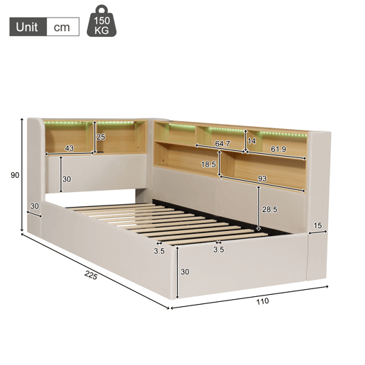 Cama de solteiro de veludo 90x200 cm com armazenamento e luz led,bege