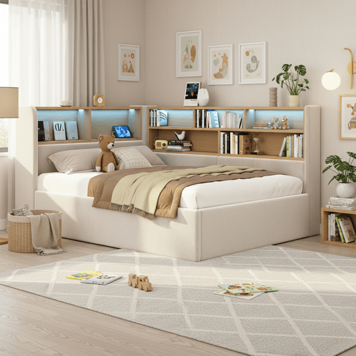 Cama de solteiro de veludo 90x200 cm com armazenamento e luz led,bege