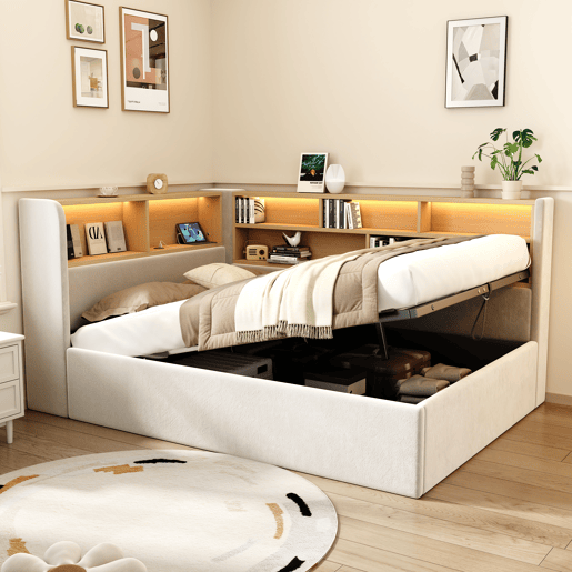 Cama de solteiro de veludo 90x200 cm com armazenamento e luz led,bege
