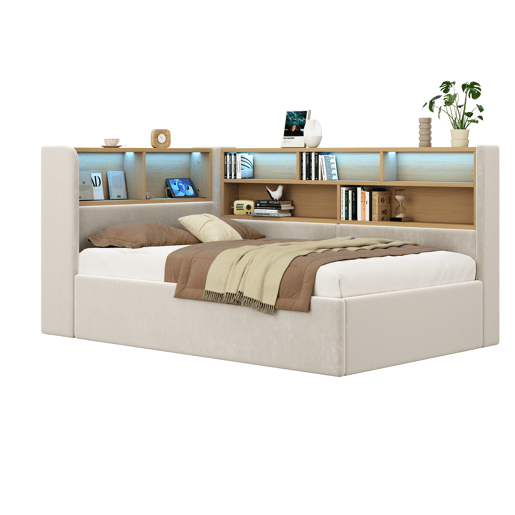 Cama de solteiro de veludo 90x200 cm com armazenamento e luz led,bege