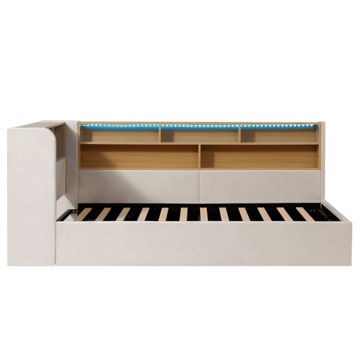 Cama de solteiro de veludo 90x200 cm com armazenamento e luz led,bege