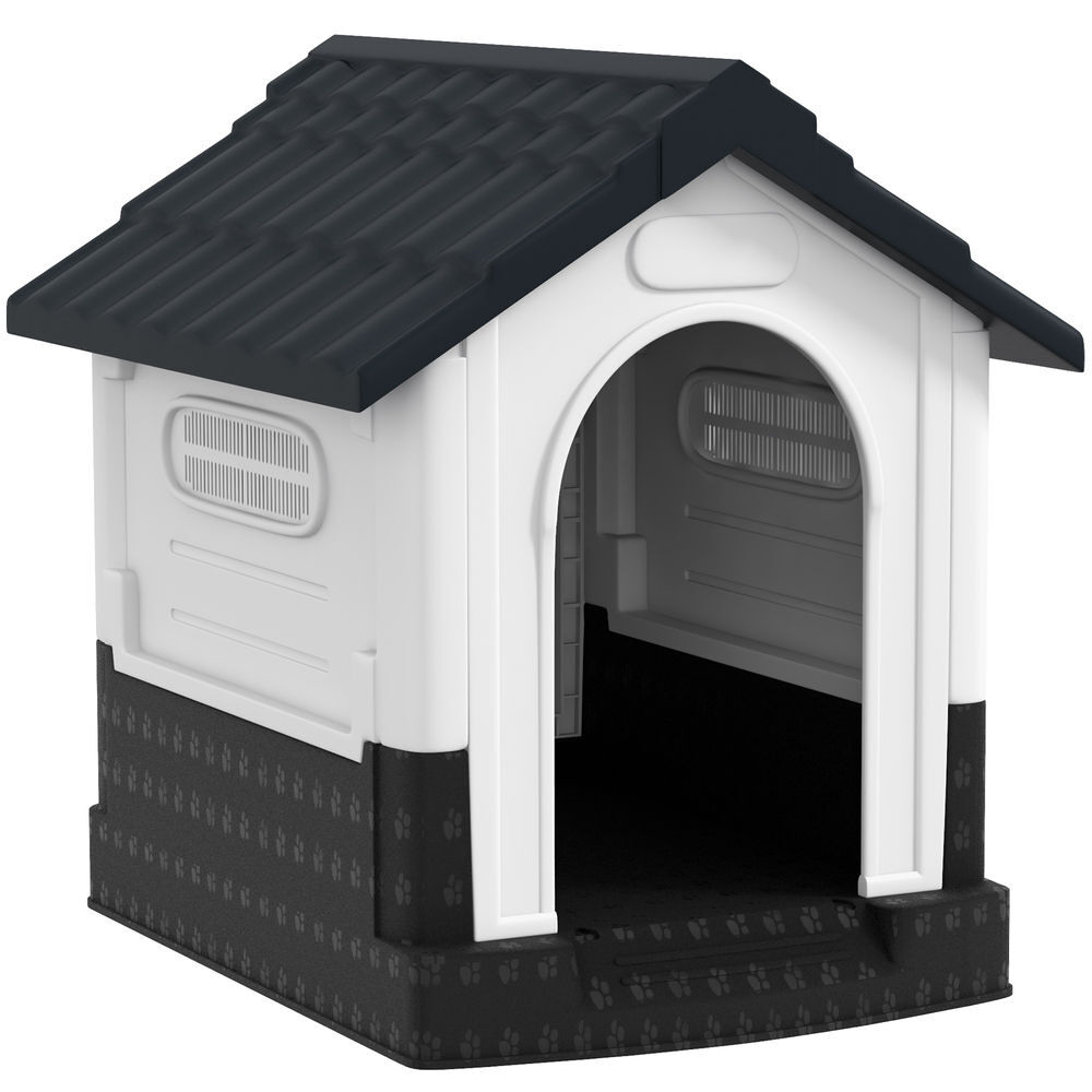 Pawhut caseta para perros mini para exterior, casa para perros de plástico con 3 ventanas, base elevada, techo de tejas de imitación, 64,5x57x66 cm, gris oscuro