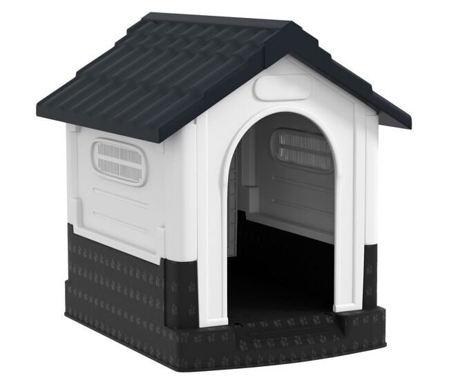 Pawhut caseta para perros mini para exterior, casa para perros de plástico con 3 ventanas, base elevada, techo de tejas de imitación, 64,5x57x66 cm, gris oscuro