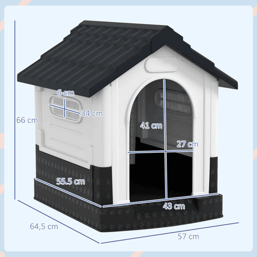 PawHut Casota para Cães Mini de Exterior Casa de Plástico com 3 Janelas Base Elevada Telhado Imitando Telhas 64,5x57x66 cm Cinzento Escuro