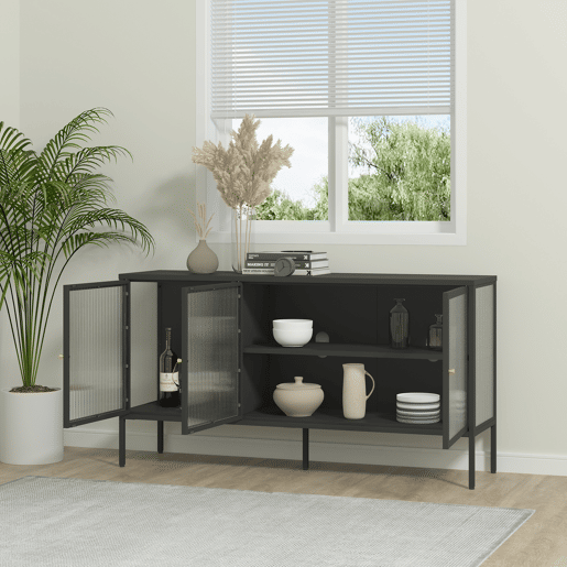 Vitrina aparador Vinterhavn 3 portas de vidrio aço 80x150x40 cm preto en.casa