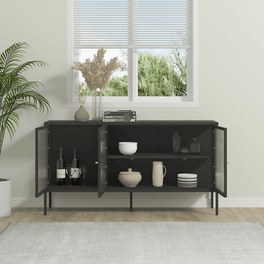 Vitrina aparador Vinterhavn 3 portas de vidrio aço 80x150x40 cm preto en.casa