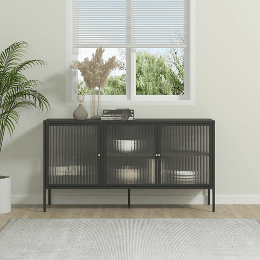 Vitrina aparador Vinterhavn 3 portas de vidrio aço 80x150x40 cm preto en.casa