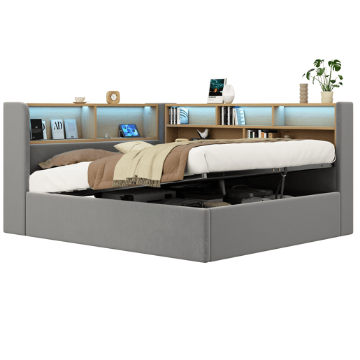 Cama de casal de veludo 140x200 cm com armazenamento e luz led,cinza