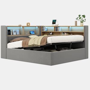 Cama de casal de veludo 140x200 cm com armazenamento e luz led,cinza