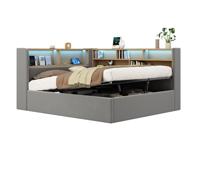 Cama de matrimonio de terciopelo 140x200 cm con almacenaje y luz led,gris